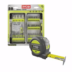 Drill Bits RYOBI Impact Rated Driving Kit (50-Piece) With BONUS 25FT Tape Measure