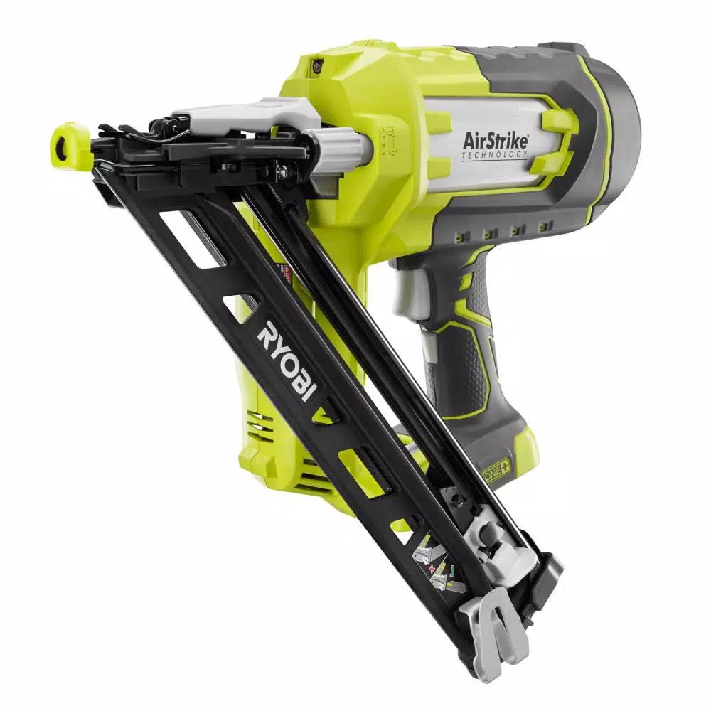 Nail Guns RYOBI 18-Volt ONE+ Lithium-Ion Cordless AirStrike 15-Gauge Angled Finish Nailer (Tool Only) With Sample Nails 3 Nail Guns RYOBI 18-Volt ONE+ Lithium-Ion Cordless AirStrike 15-Gauge Angled Finish Nailer (Tool Only) With Sample Nails