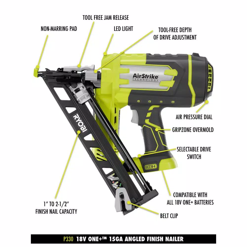 Nail Guns RYOBI 18-Volt ONE+ Lithium-Ion Cordless AirStrike 15-Gauge Angled Nailer Kit With ONE+ Lithium-Ion 2.0 Ah Battery And Charger 5 Nail Guns RYOBI 18-Volt ONE+ Lithium-Ion Cordless AirStrike 15-Gauge Angled Nailer Kit With ONE+ Lithium-Ion 2.0 Ah Battery And Charger - Image 3