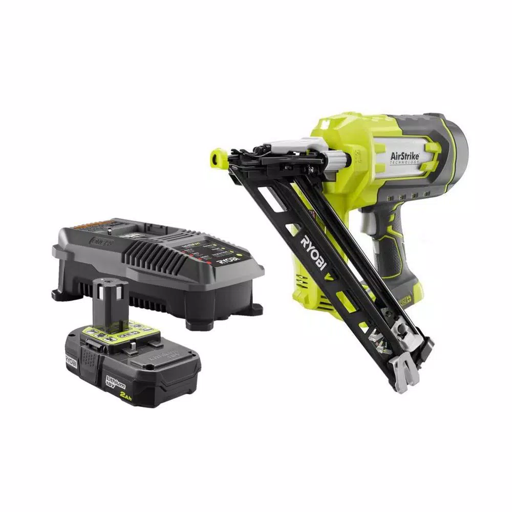 Nail Guns RYOBI 18-Volt ONE+ Lithium-Ion Cordless AirStrike 15-Gauge Angled Nailer Kit With ONE+ Lithium-Ion 2.0 Ah Battery And Charger 3 Nail Guns RYOBI 18-Volt ONE+ Lithium-Ion Cordless AirStrike 15-Gauge Angled Nailer Kit With ONE+ Lithium-Ion 2.0 Ah Battery And Charger