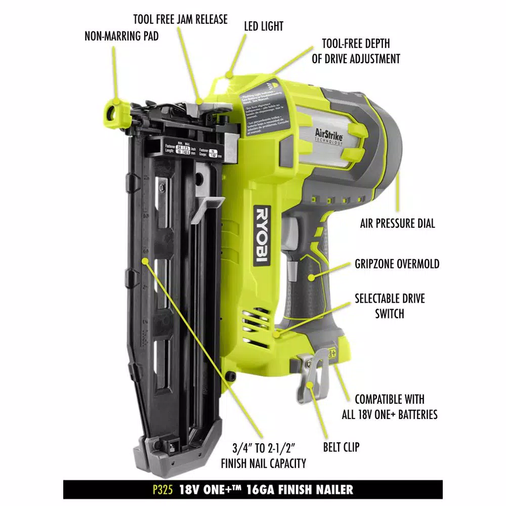 Nail Guns RYOBI 18-Volt ONE+ Lithium-Ion Cordless AirStrike 18-Gauge Brad Nailer And 16-Gauge Straight Nailer 2-Tool Combo Kit 6 Nail Guns RYOBI 18-Volt ONE+ Lithium-Ion Cordless AirStrike 18-Gauge Brad Nailer And 16-Gauge Straight Nailer 2-Tool Combo Kit - Image 4